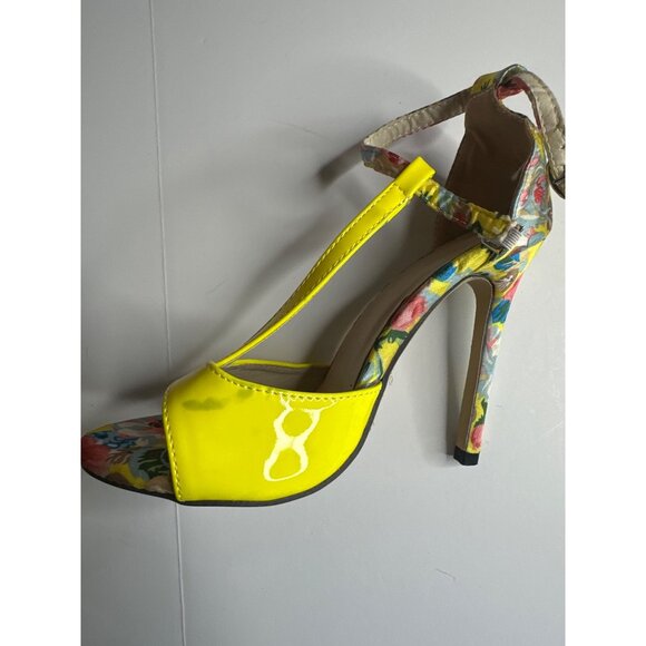Yellow Floral T-Strap High Heels With Ankle Strap & 4.5" Stiletto Heel - Picture 4 of 7